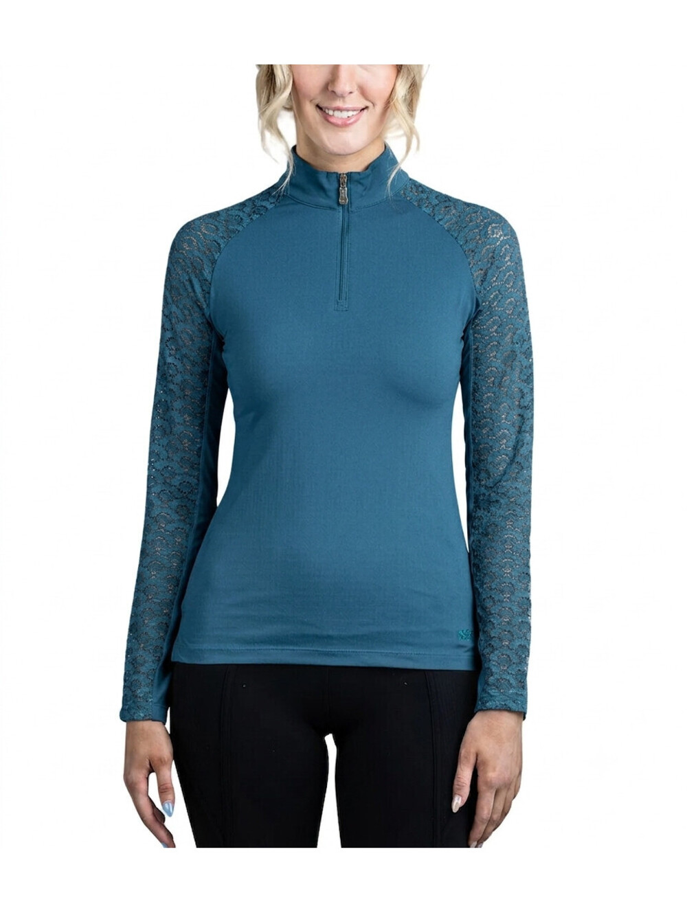 NEW Kastel Denmark Long Sleeve Lace Turquoise 1/4 Zip Top Mesh Trim XS NWT